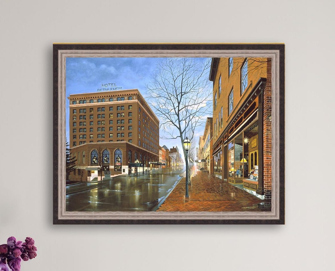 Main Street scene with  Hotel Bethlehem and Moravian Book Shop 