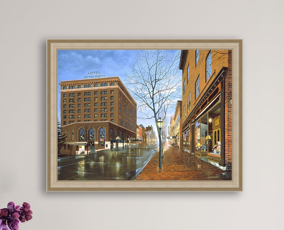 Main Street scene with  Hotel Bethlehem and Moravian Book Shop 