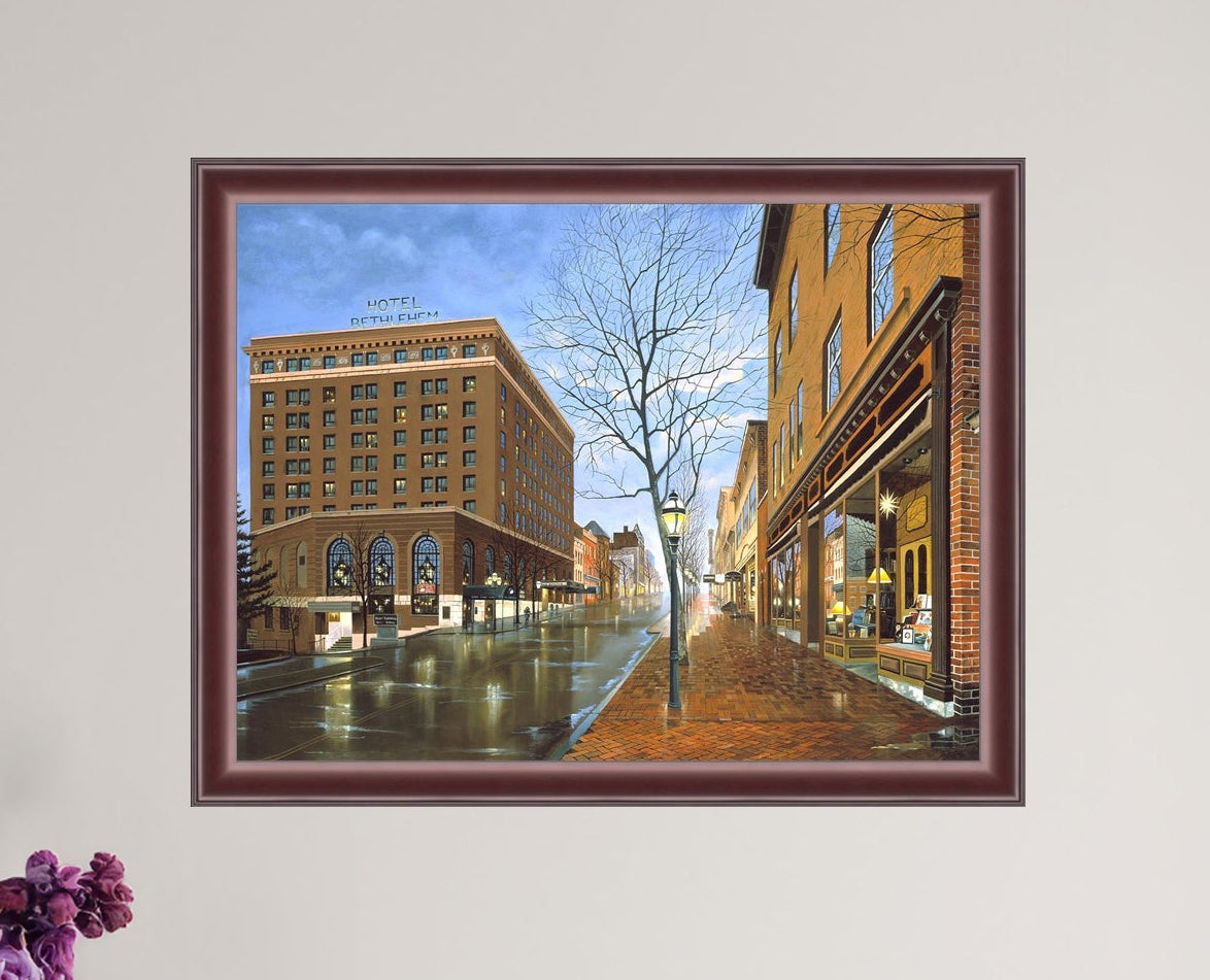 Main Street scene with  Hotel Bethlehem and Moravian Book Shop 