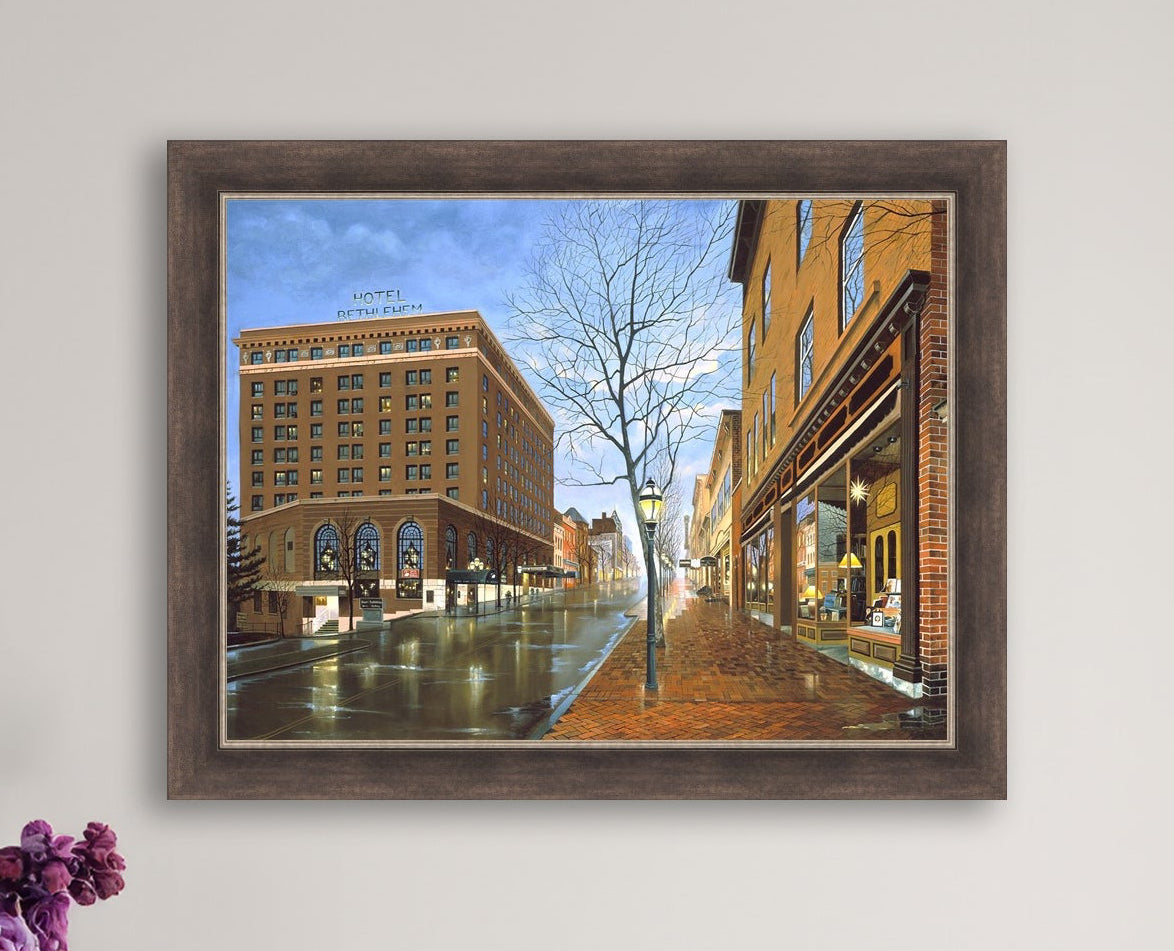 Main Street scene with  Hotel Bethlehem and Moravian Book Shop 