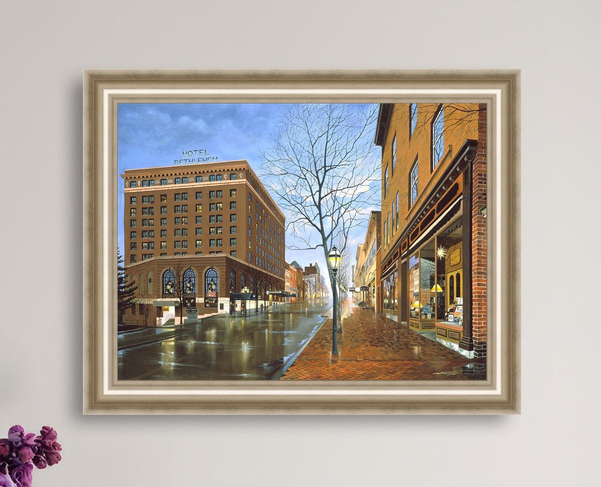 Main Street scene with  Hotel Bethlehem and Moravian Book Shop 