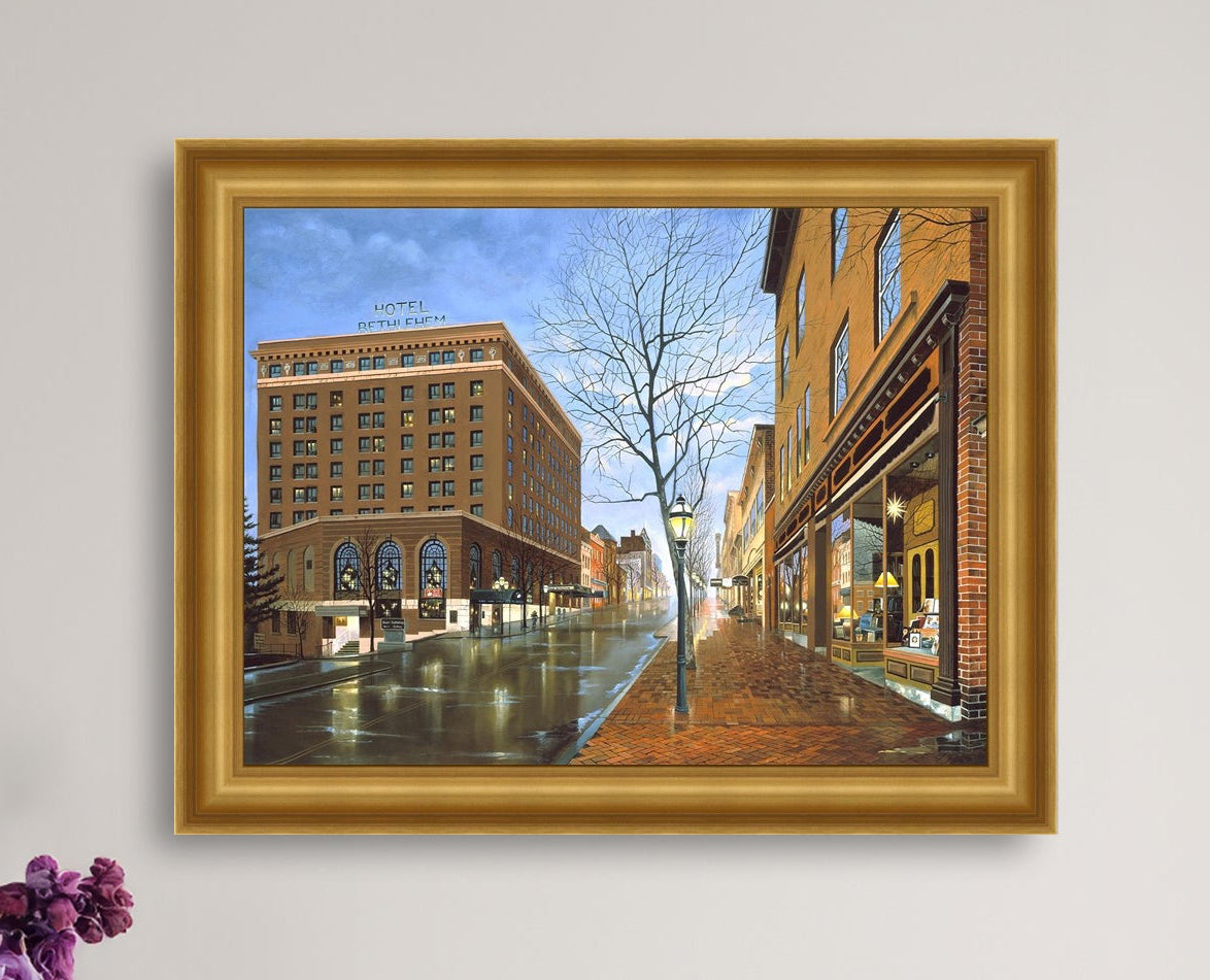 Main Street scene with  Hotel Bethlehem and Moravian Book Shop 