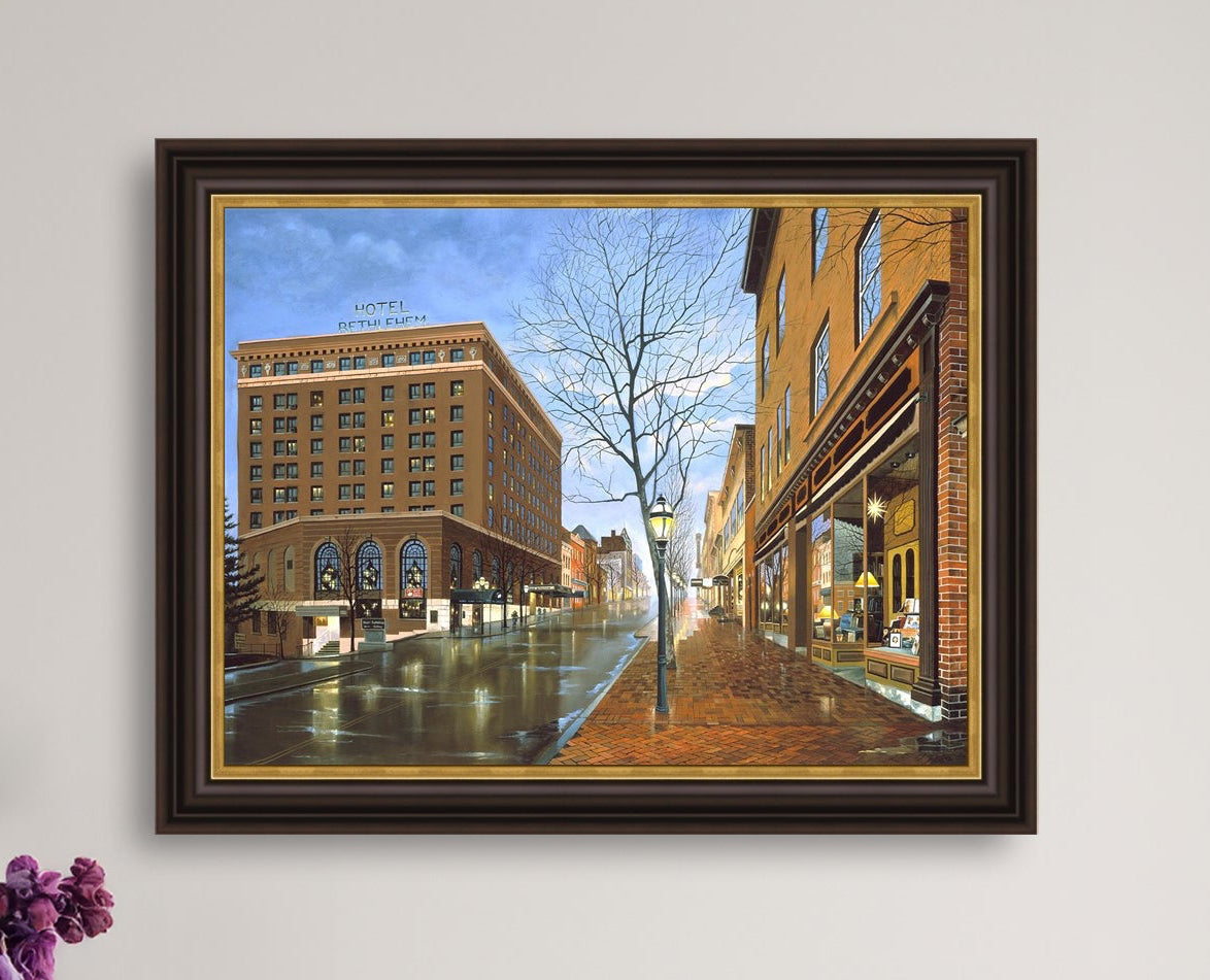 Main Street scene with  Hotel Bethlehem and Moravian Book Shop 