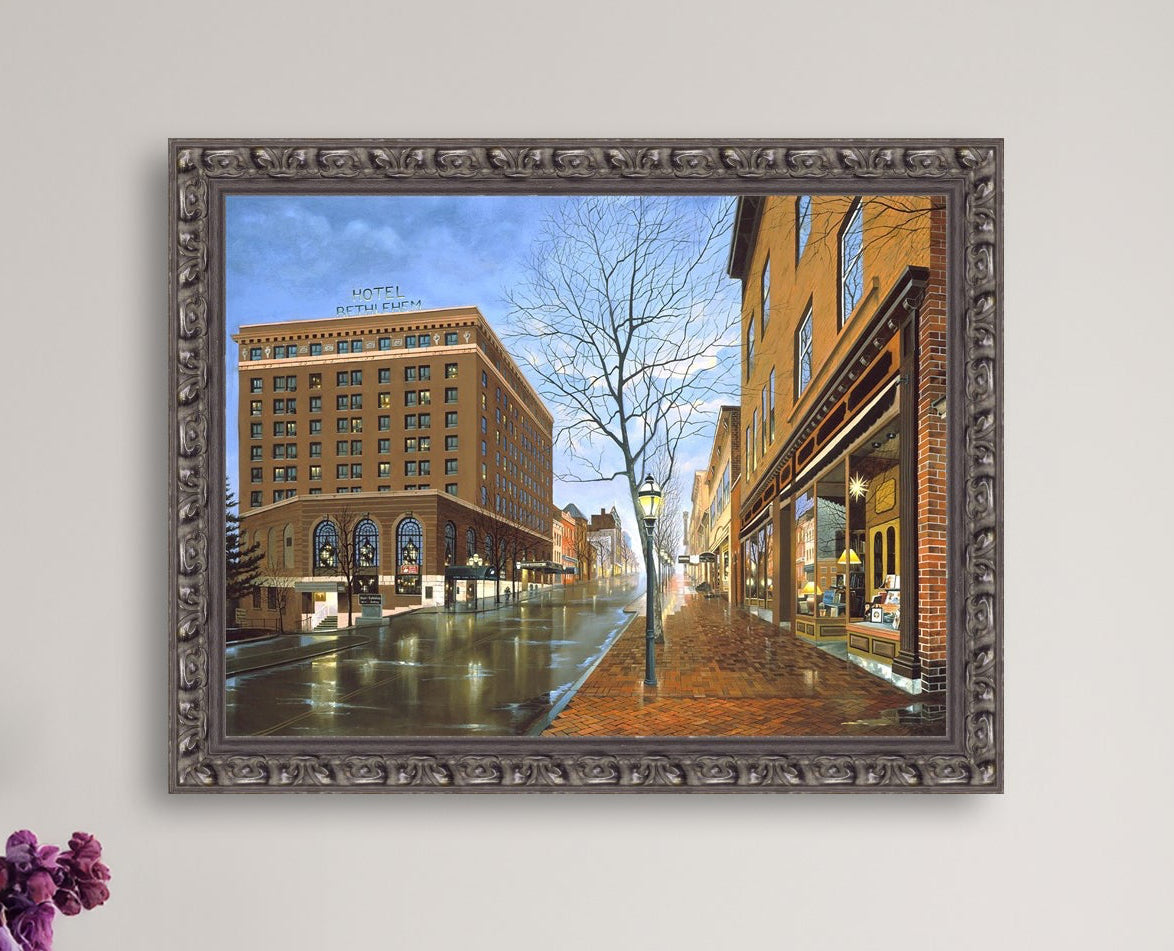 Main Street scene with  Hotel Bethlehem and Moravian Book Shop 