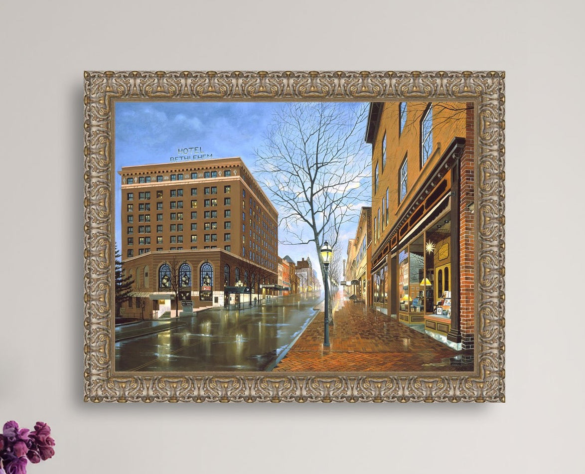 Main Street scene with  Hotel Bethlehem and Moravian Book Shop 