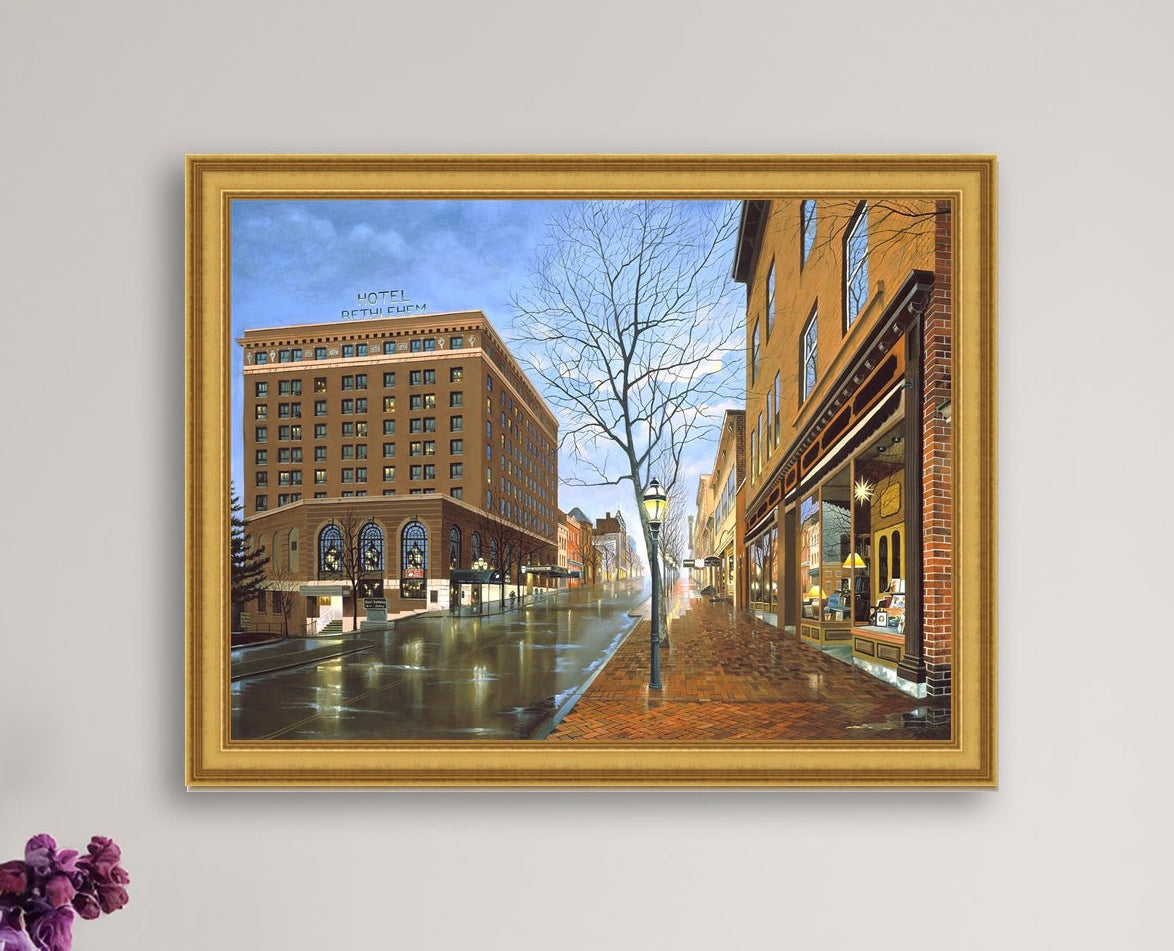 Main Street scene with  Hotel Bethlehem and Moravian Book Shop 