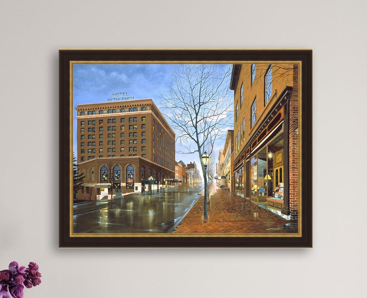 Main Street scene with  Hotel Bethlehem and Moravian Book Shop 