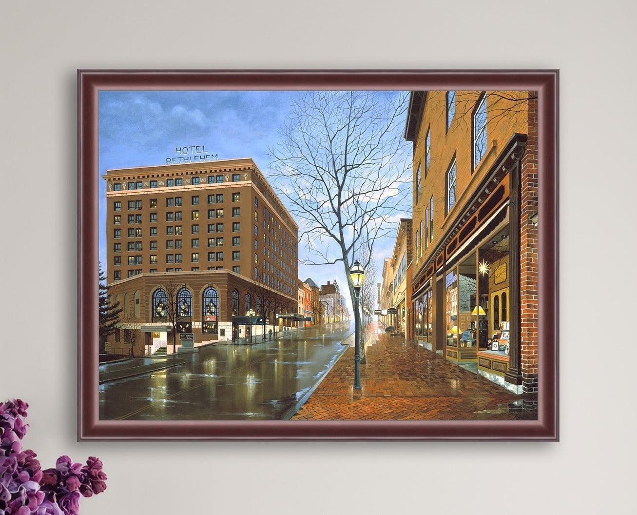 Main Street scene with  Hotel Bethlehem and Moravian Book Shop 