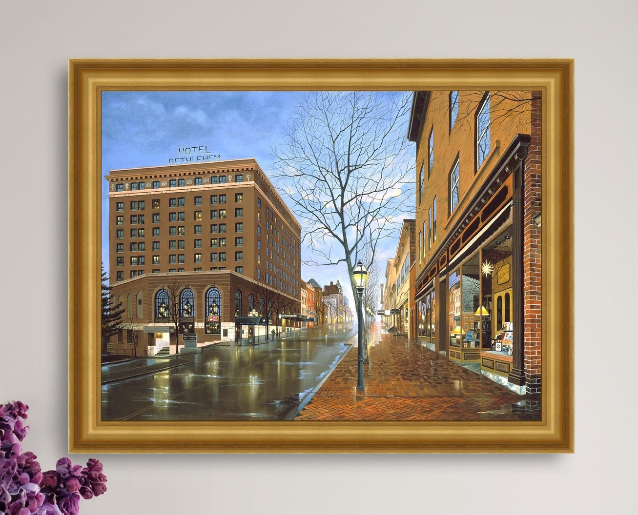Main Street scene with  Hotel Bethlehem and Moravian Book Shop 