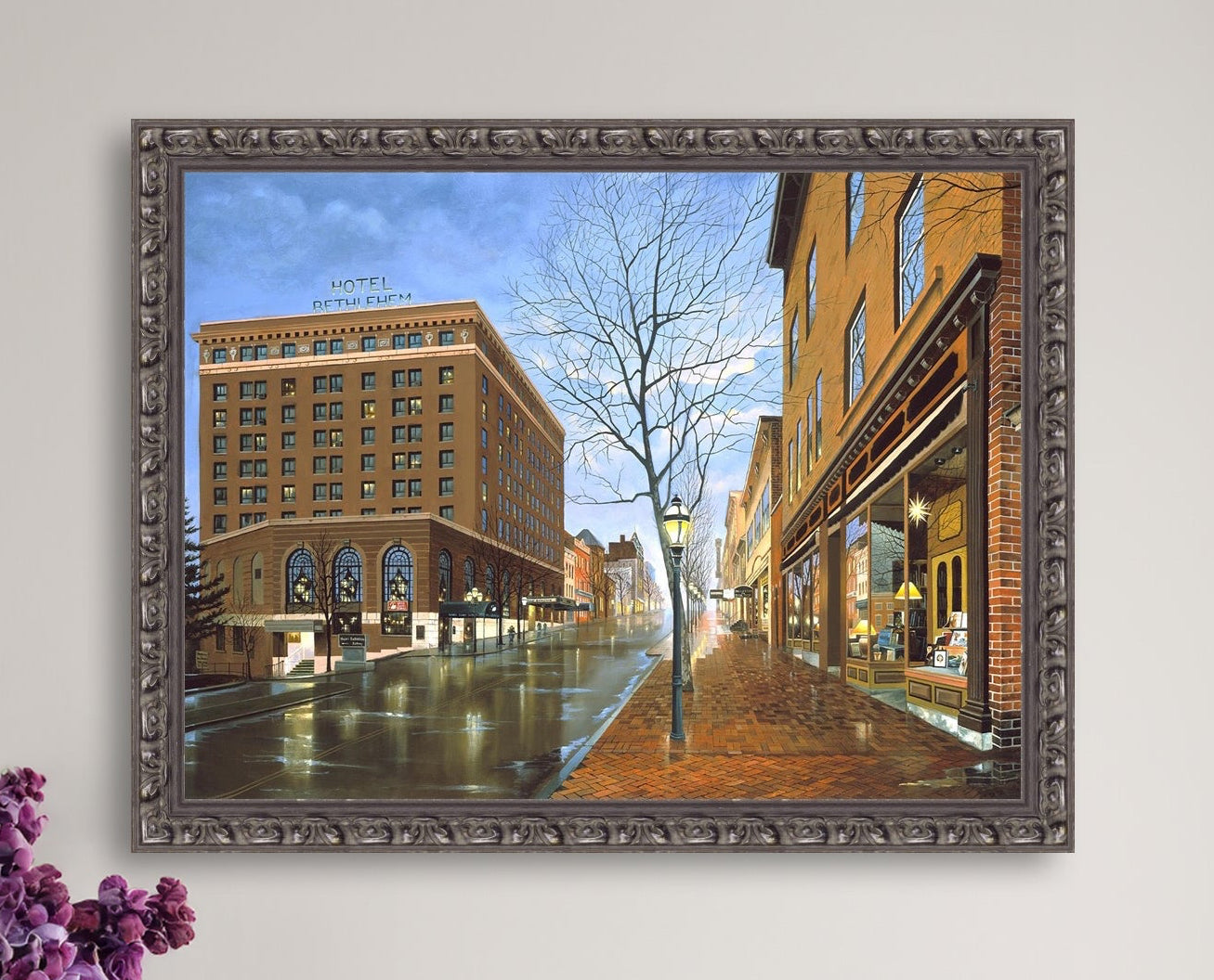 Main Street scene with  Hotel Bethlehem and Moravian Book Shop 