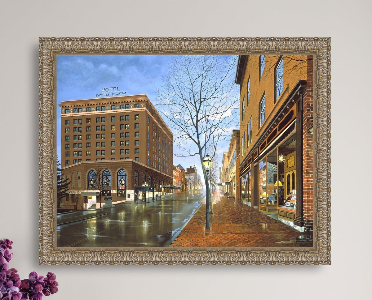 Main Street scene with  Hotel Bethlehem and Moravian Book Shop 