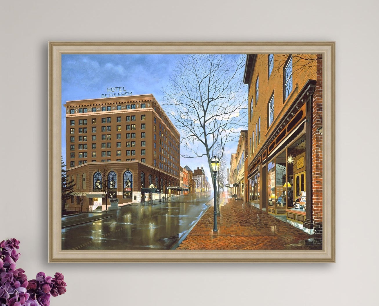 Main Street scene with  Hotel Bethlehem and Moravian Book Shop 