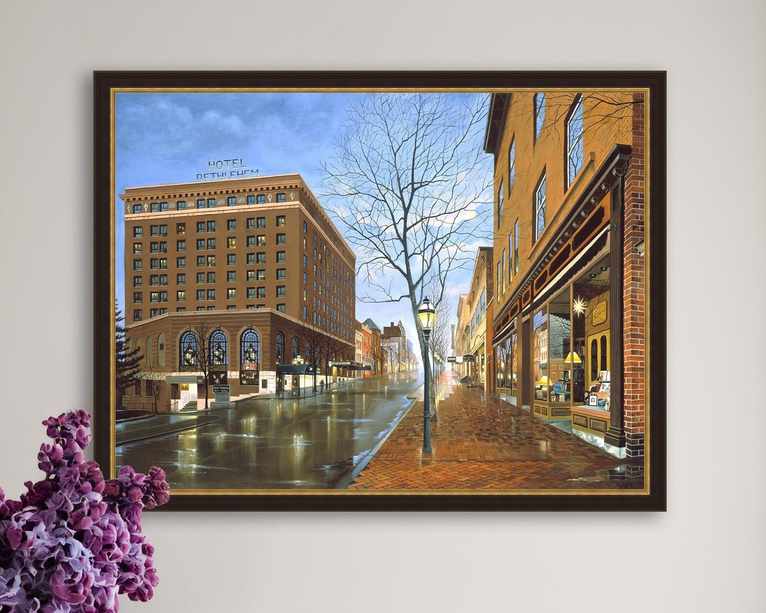 Main Street scene with  Hotel Bethlehem and Moravian Book Shop 