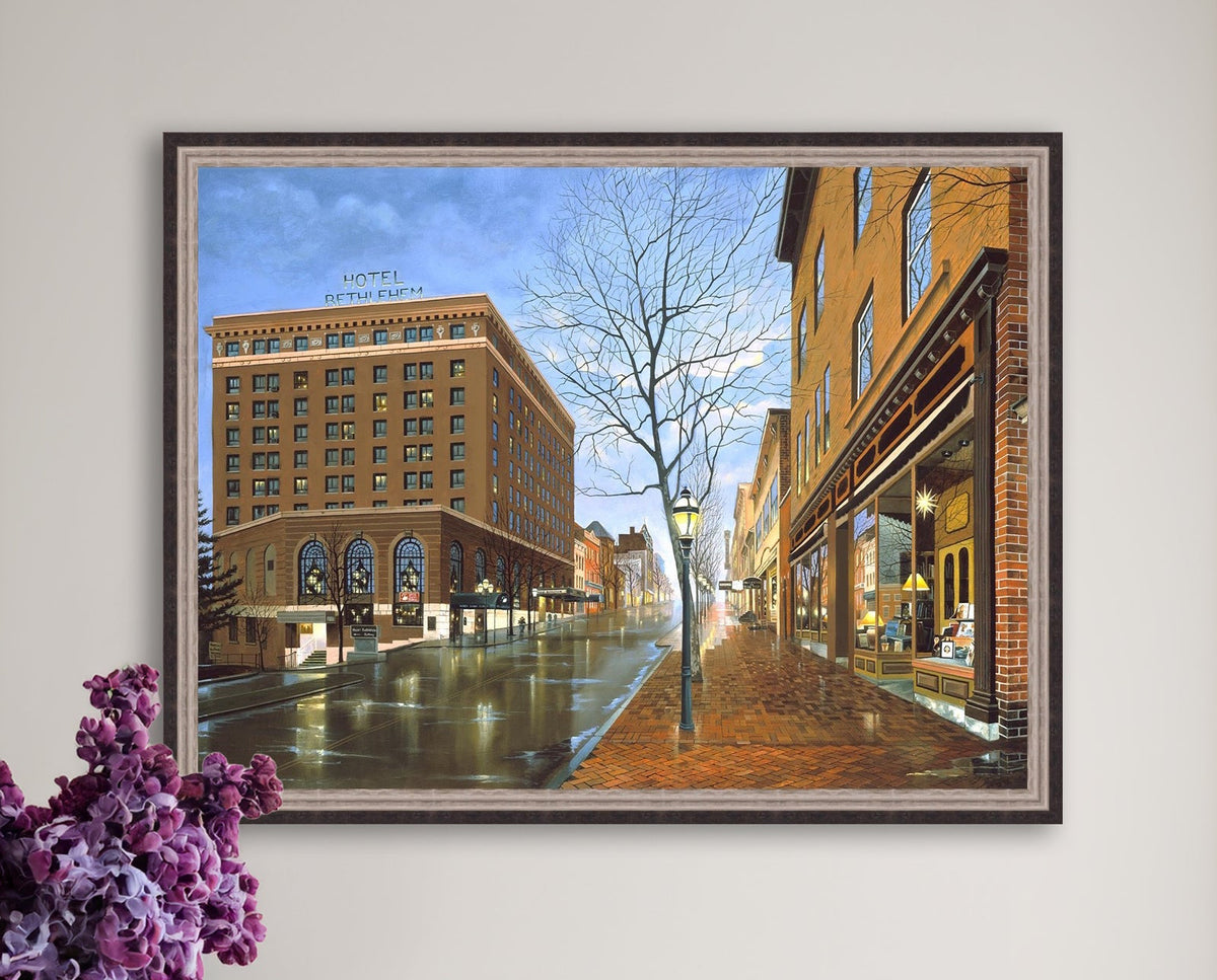 Main Street scene with  Hotel Bethlehem and Moravian Book Shop 
