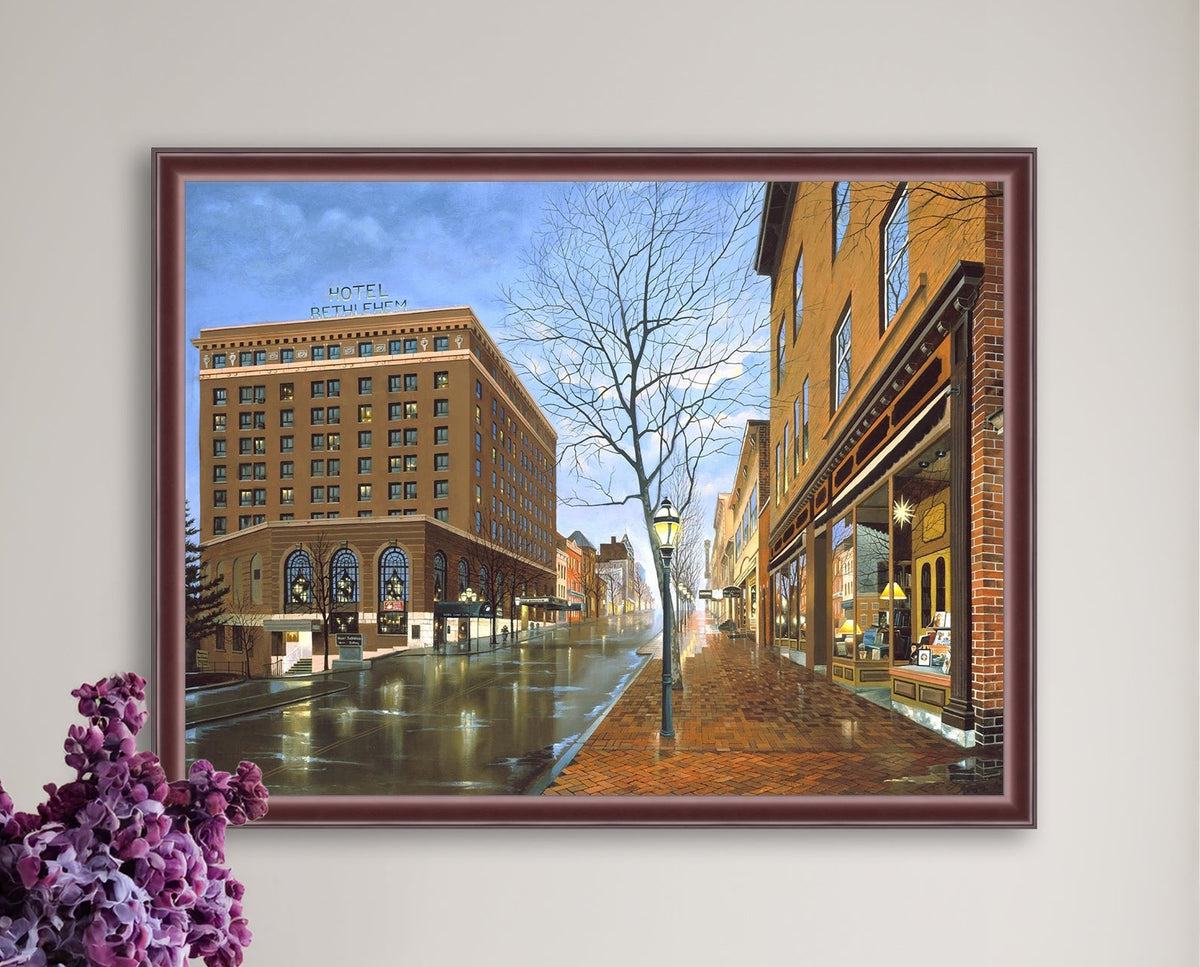 Main Street scene with  Hotel Bethlehem and Moravian Book Shop 