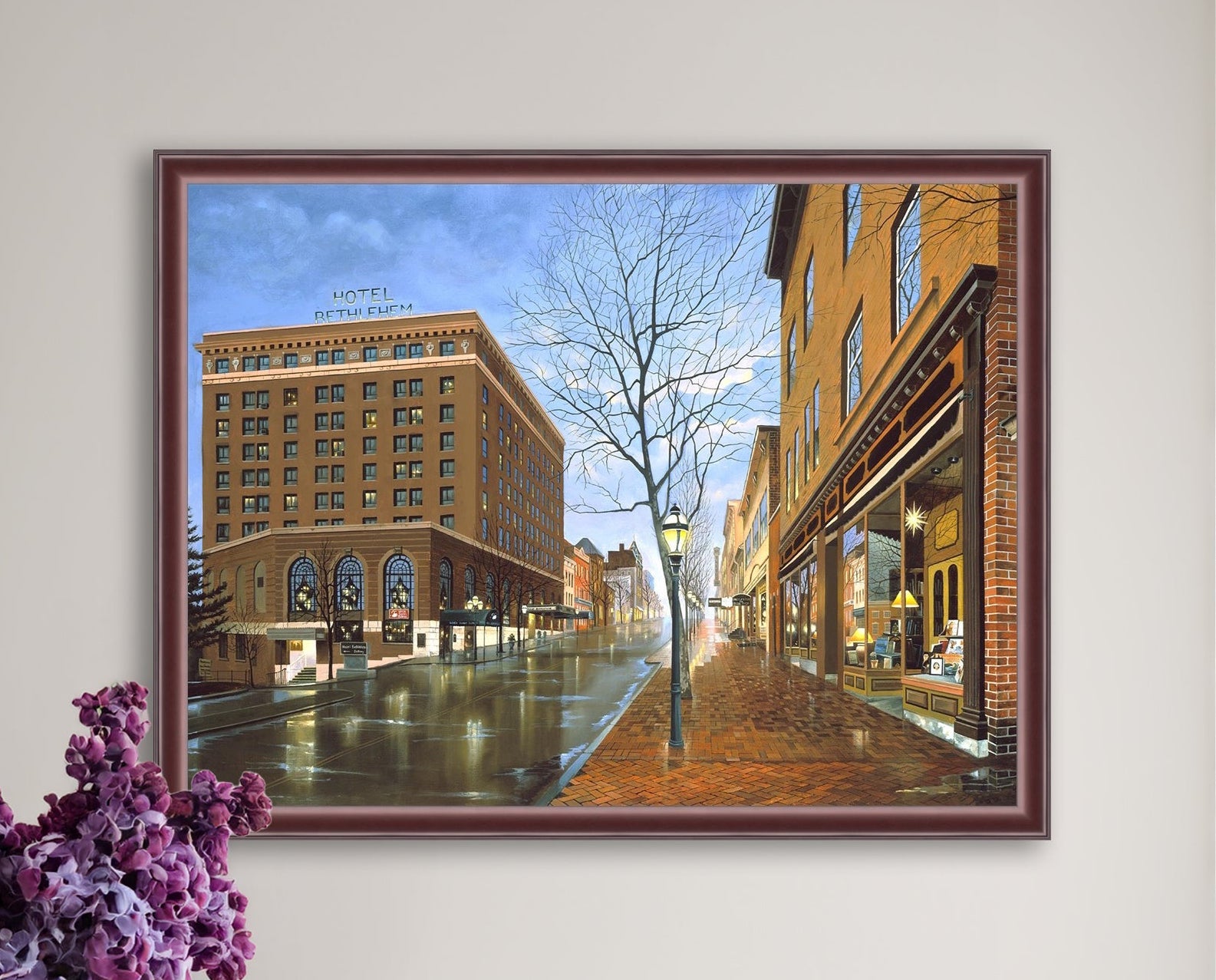 Main Street scene with  Hotel Bethlehem and Moravian Book Shop 