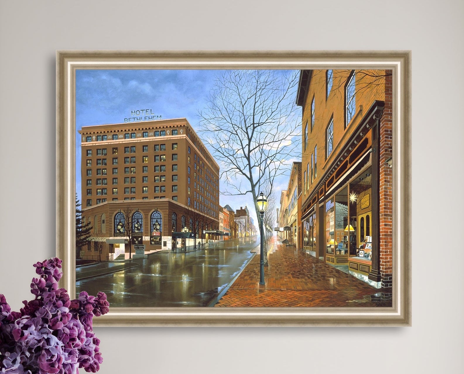 Main Street scene with  Hotel Bethlehem and Moravian Book Shop 