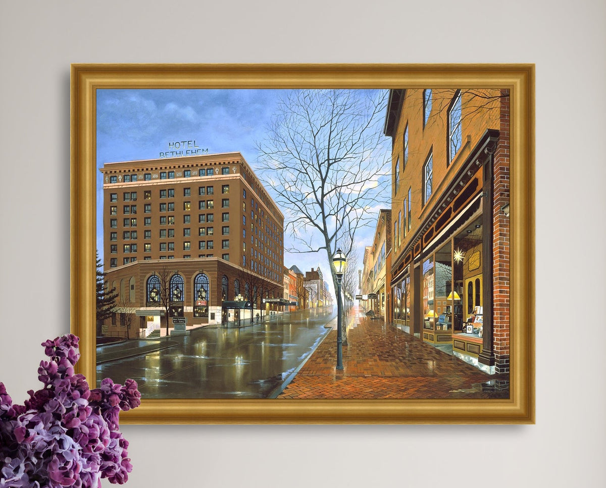 Main Street scene with  Hotel Bethlehem and Moravian Book Shop 