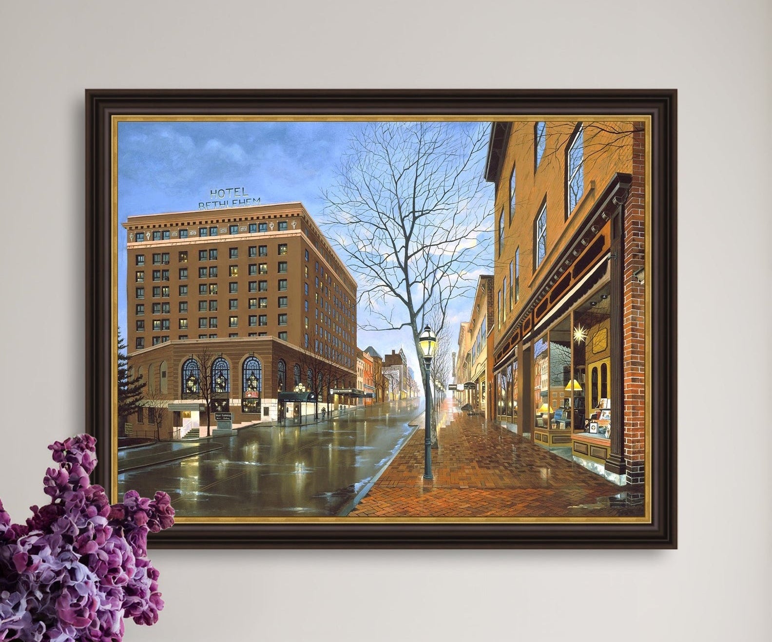 Main Street scene with  Hotel Bethlehem and Moravian Book Shop 