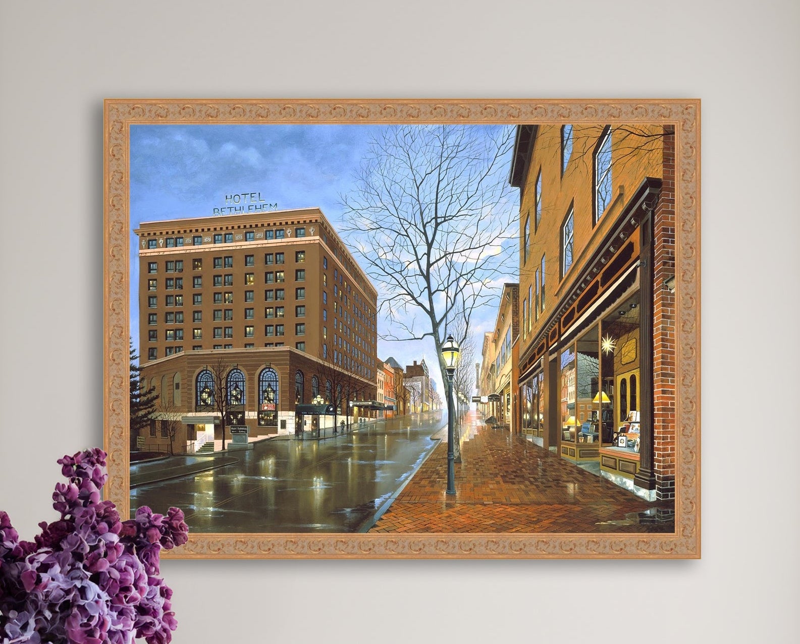 Main Street scene with  Hotel Bethlehem and Moravian Book Shop 