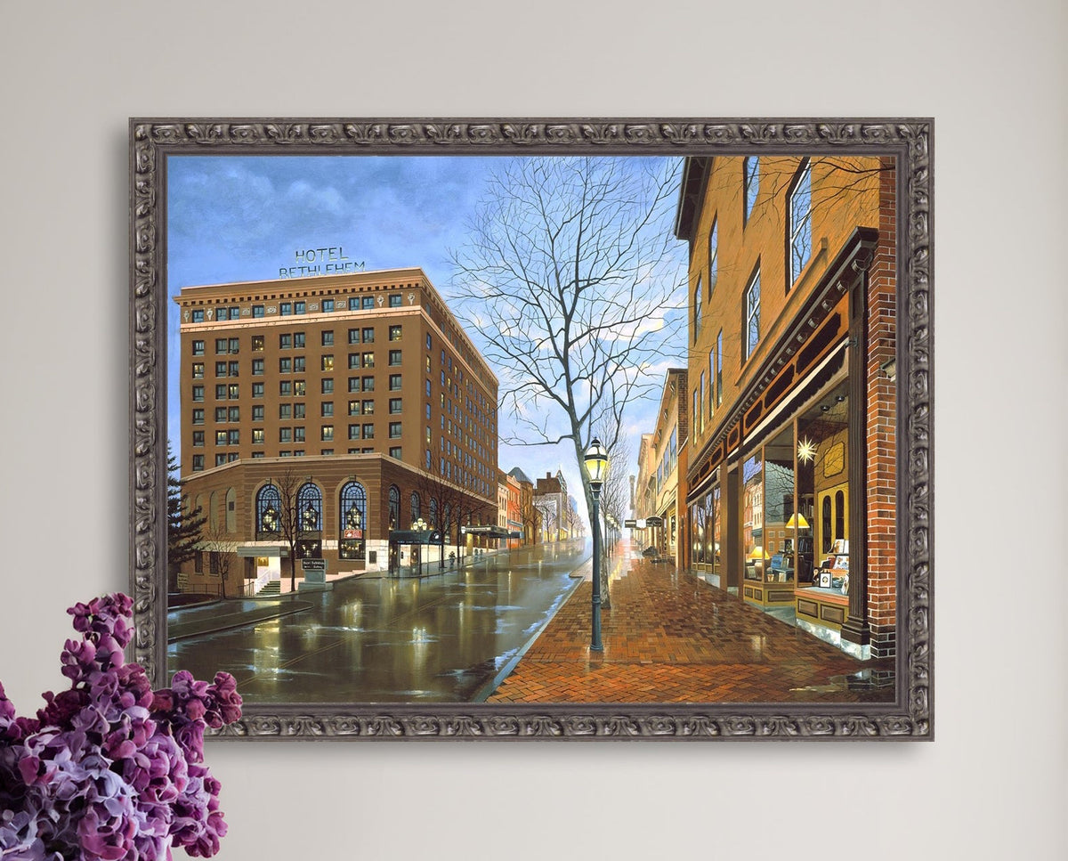 Main Street scene with  Hotel Bethlehem and Moravian Book Shop 