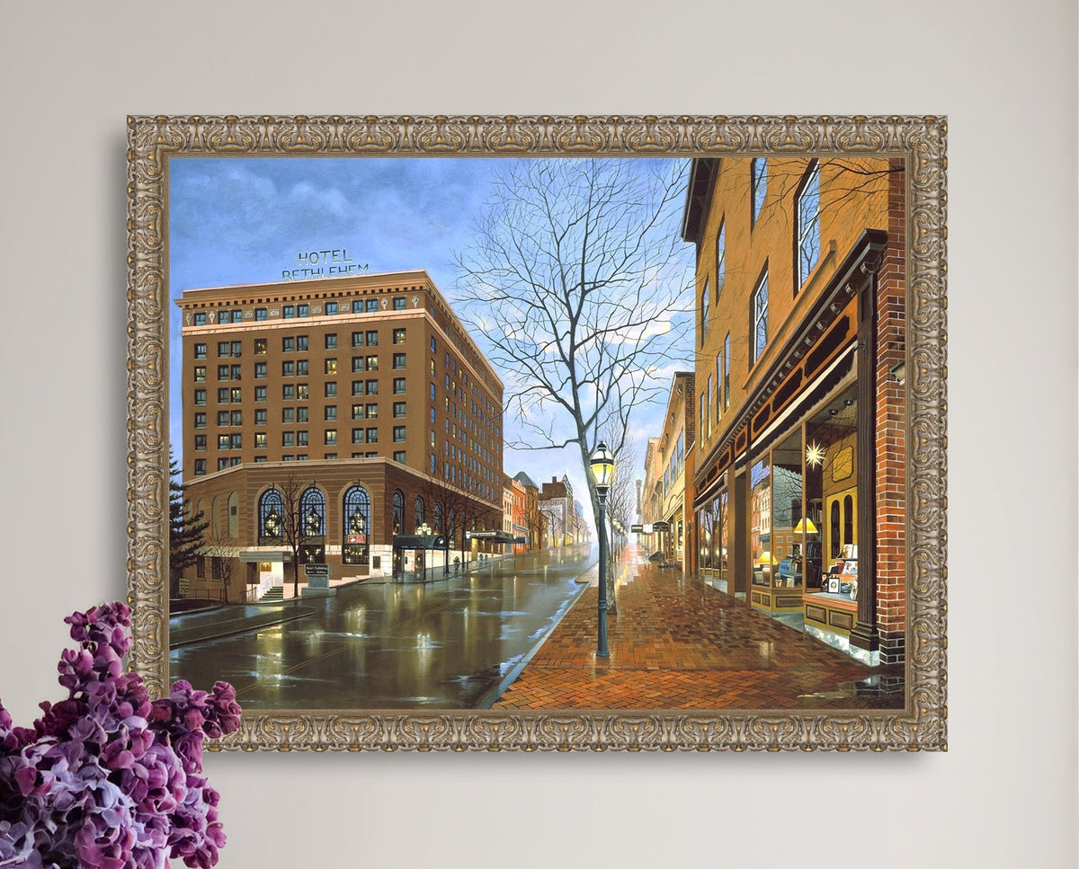 Main Street scene with  Hotel Bethlehem and Moravian Book Shop 