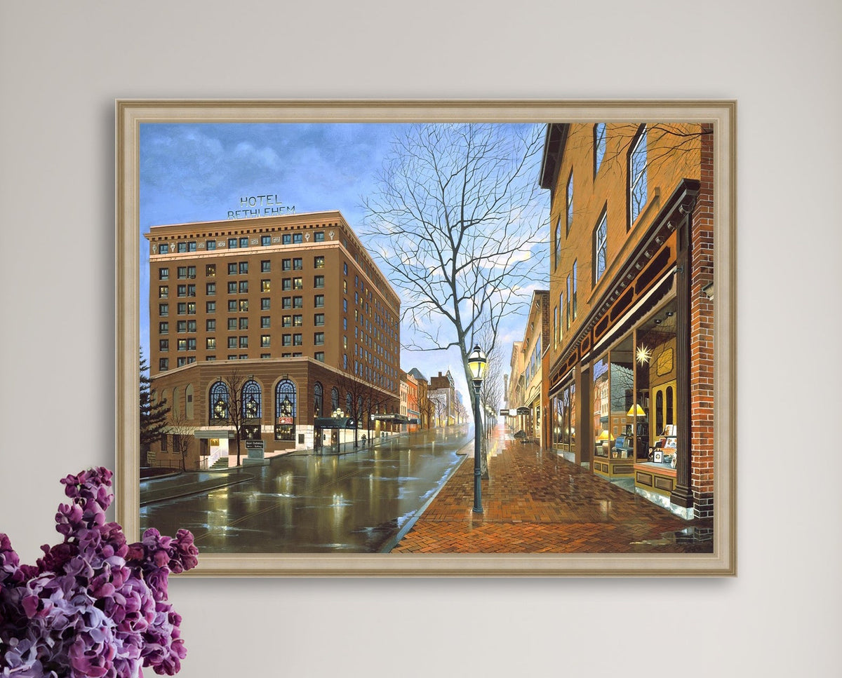 Main Street scene with  Hotel Bethlehem and Moravian Book Shop 