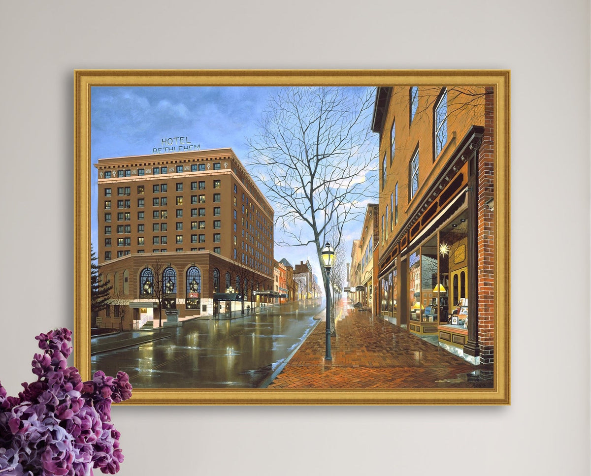 Main Street scene with  Hotel Bethlehem and Moravian Book Shop 