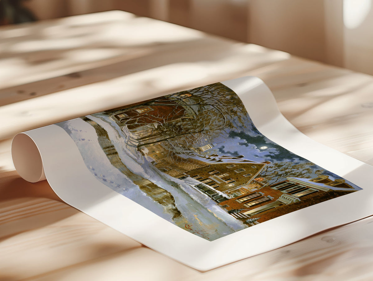 Snowy Bethlehem scene with Moravian Church at night.
