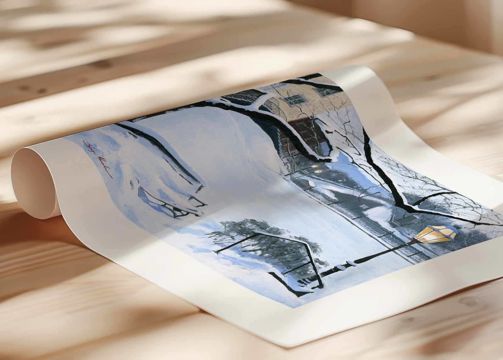 A canvas print featuring a snowy landscape with a bench, a lamp post, in the foreground, and Moravian Church in the background.