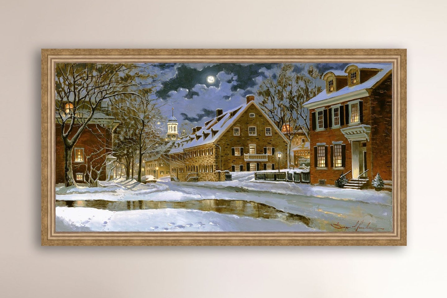 Snowy Bethlehem scene with Moravian Church at night.