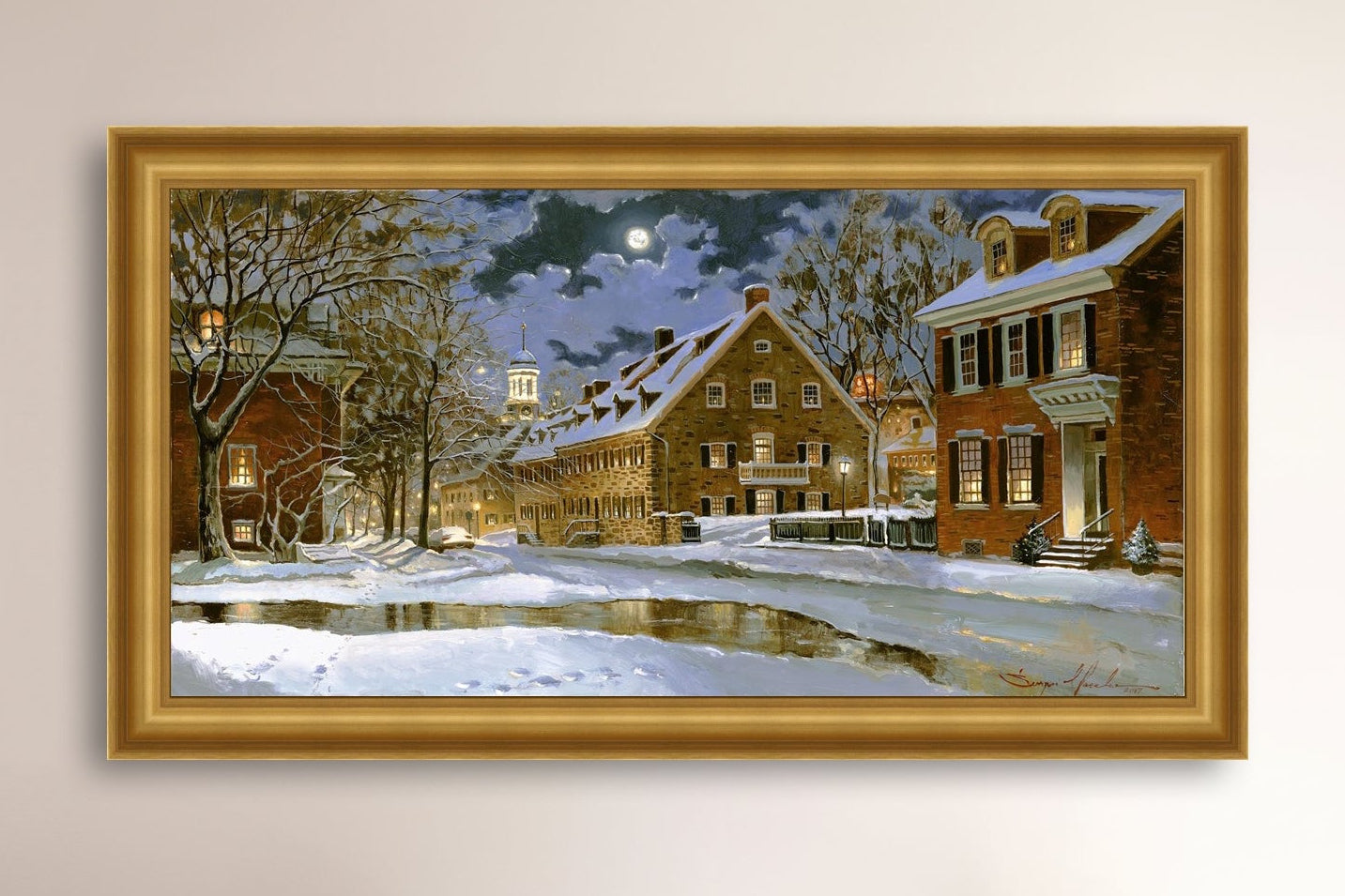 Snowy Bethlehem scene with Moravian Church at night.