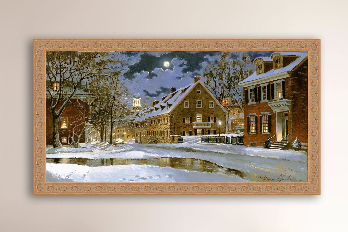 Snowy Bethlehem scene with Moravian Church at night.