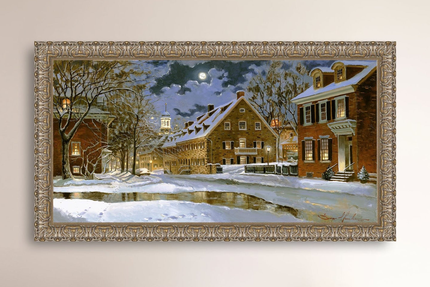 Snowy Bethlehem scene with Moravian Church at night.