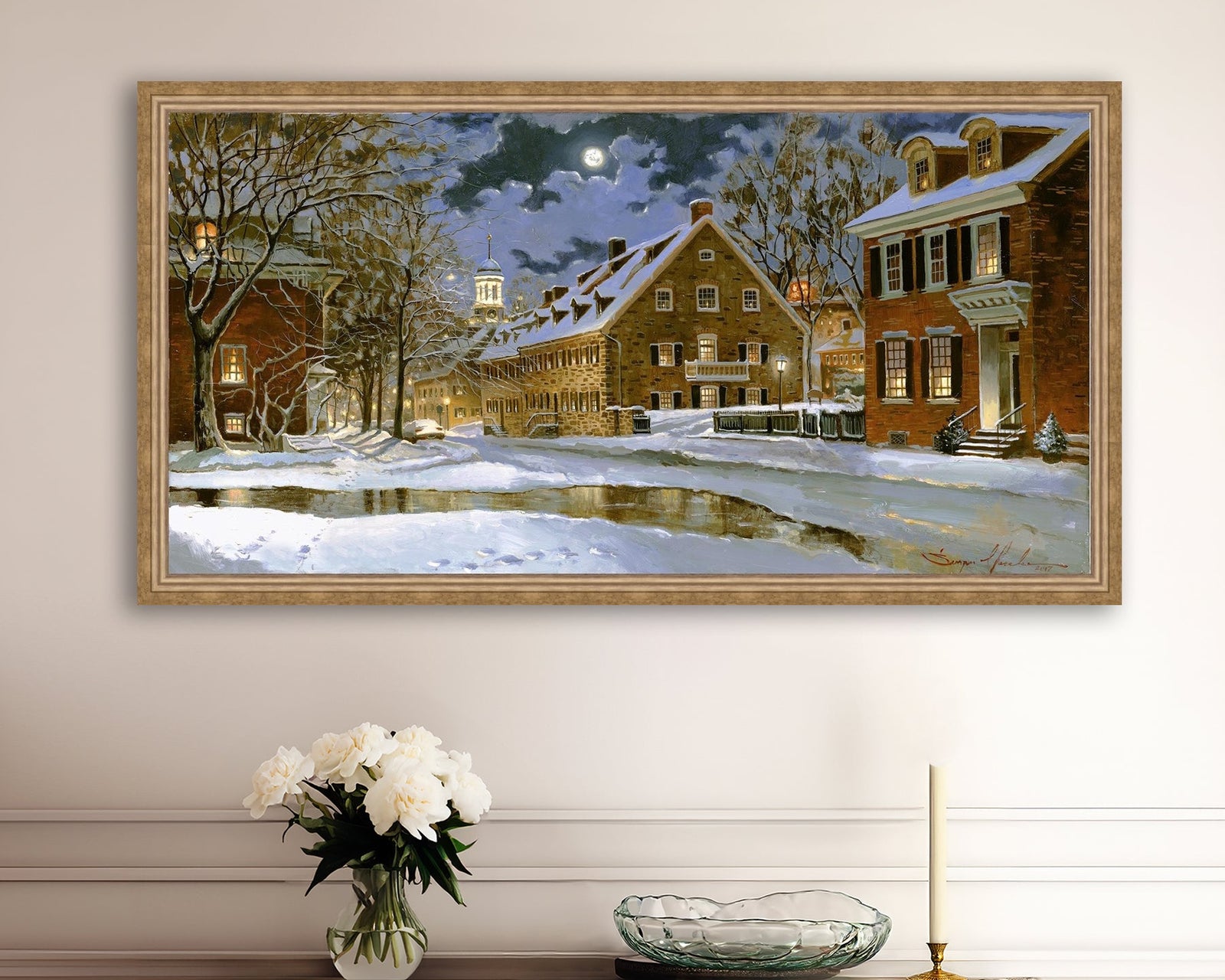 Snowy Bethlehem scene with Moravian Church at night.