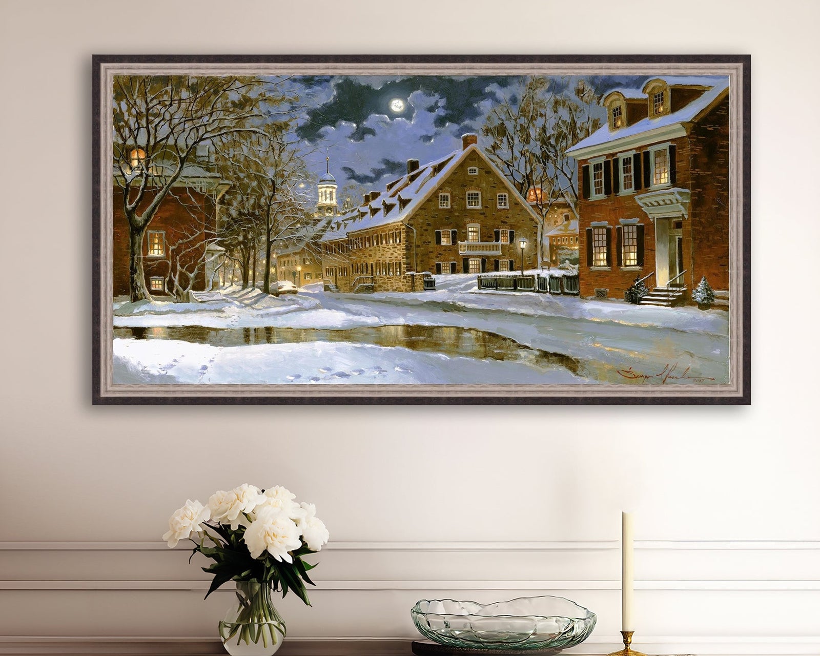 Snowy Bethlehem scene with Moravian Church at night.