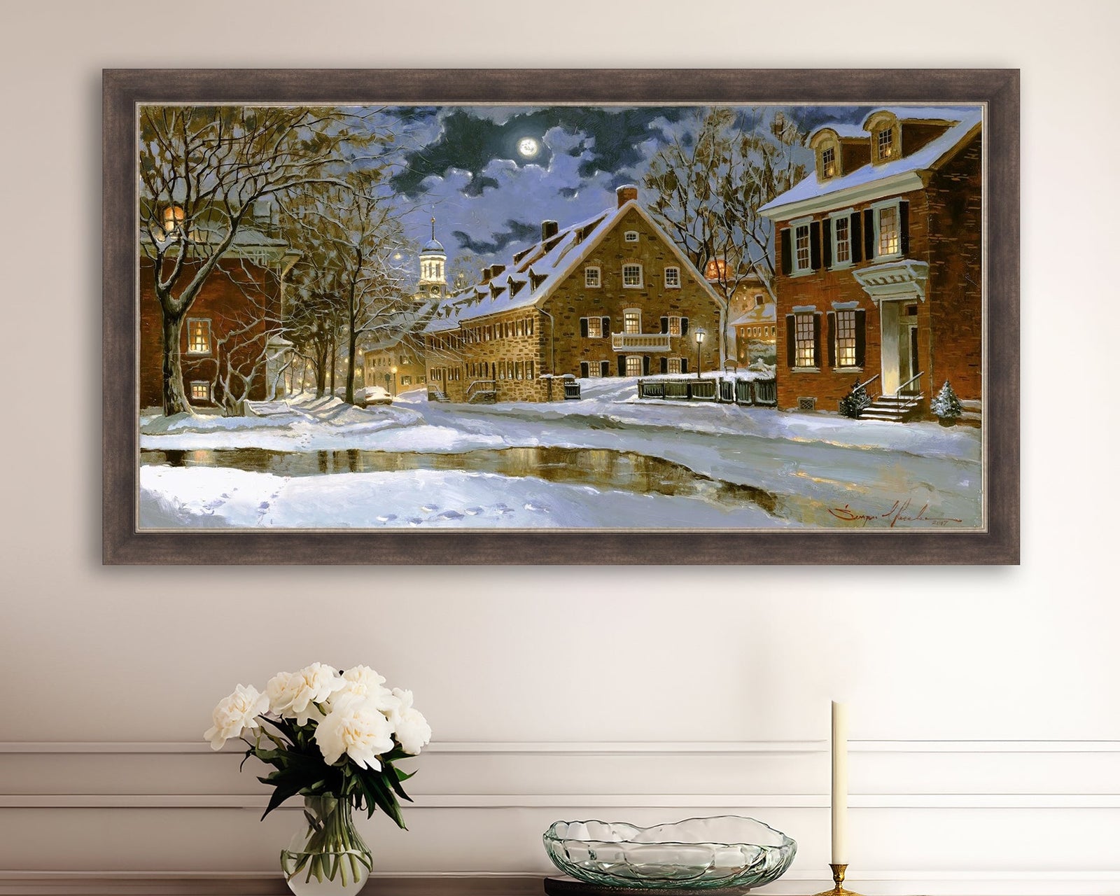 Snowy Bethlehem scene with Moravian Church at night.