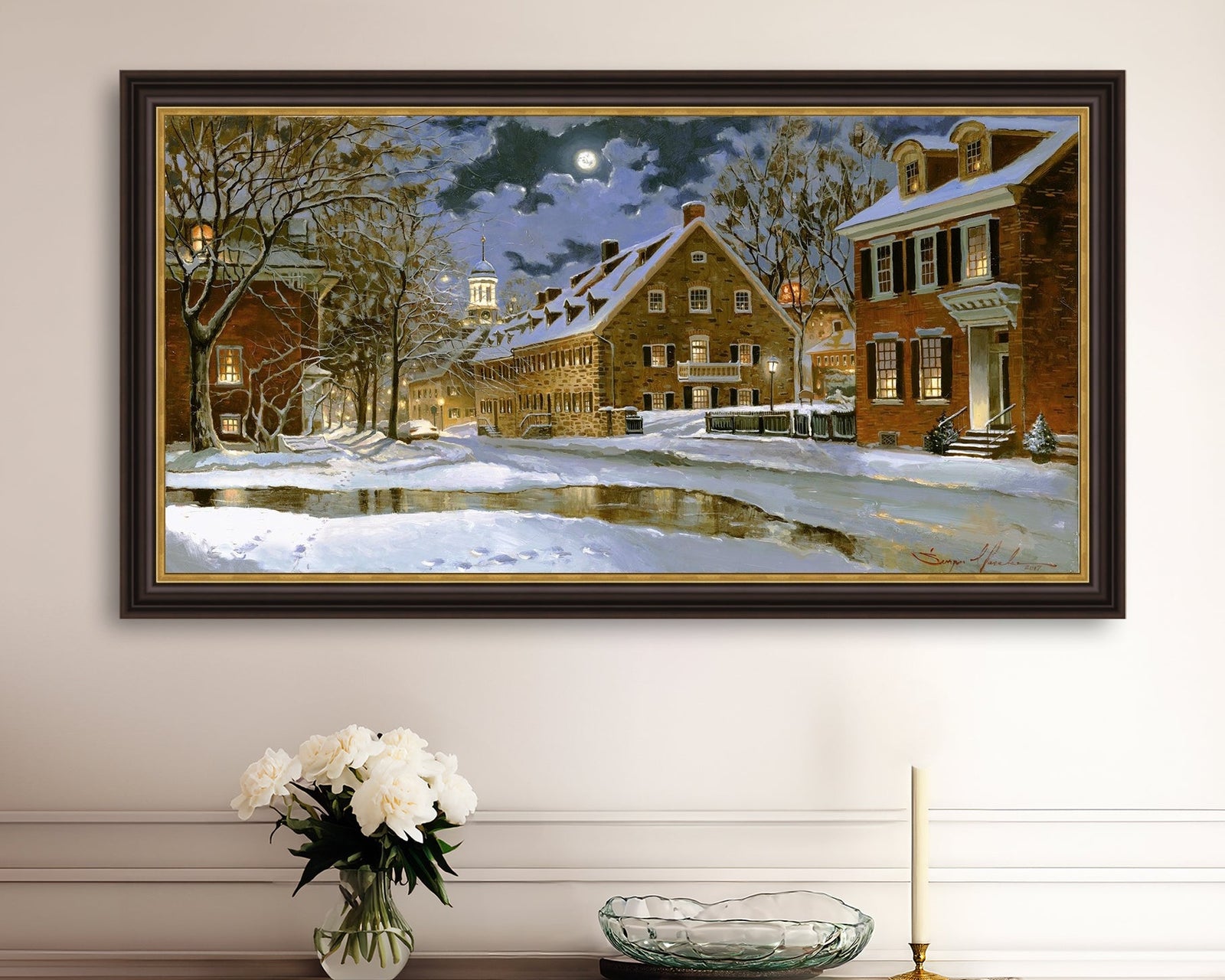 Snowy Bethlehem scene with Moravian Church at night.