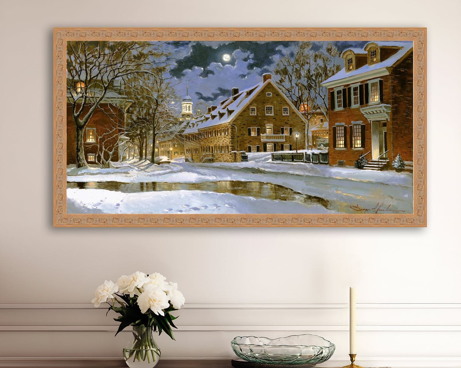 Snowy Bethlehem scene with Moravian Church at night.