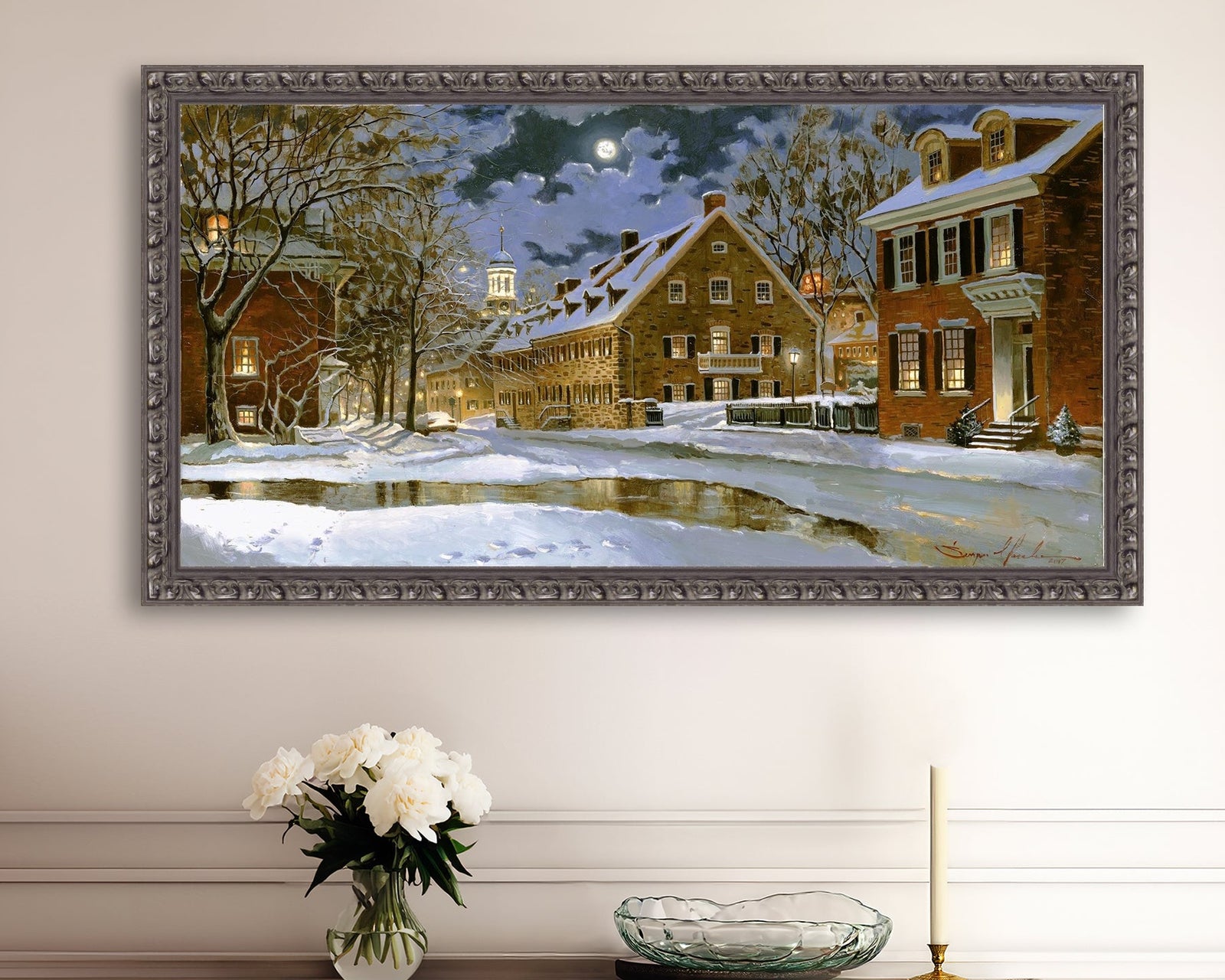 Snowy Bethlehem scene with Moravian Church at night.