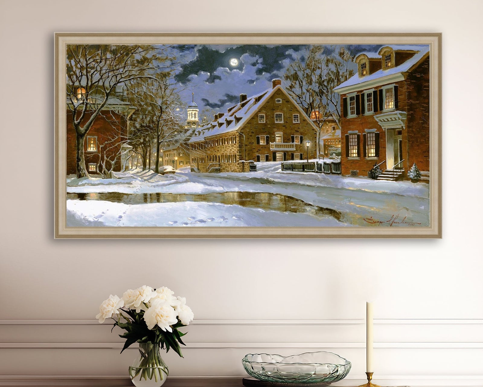 Snowy Bethlehem scene with Moravian Church at night.