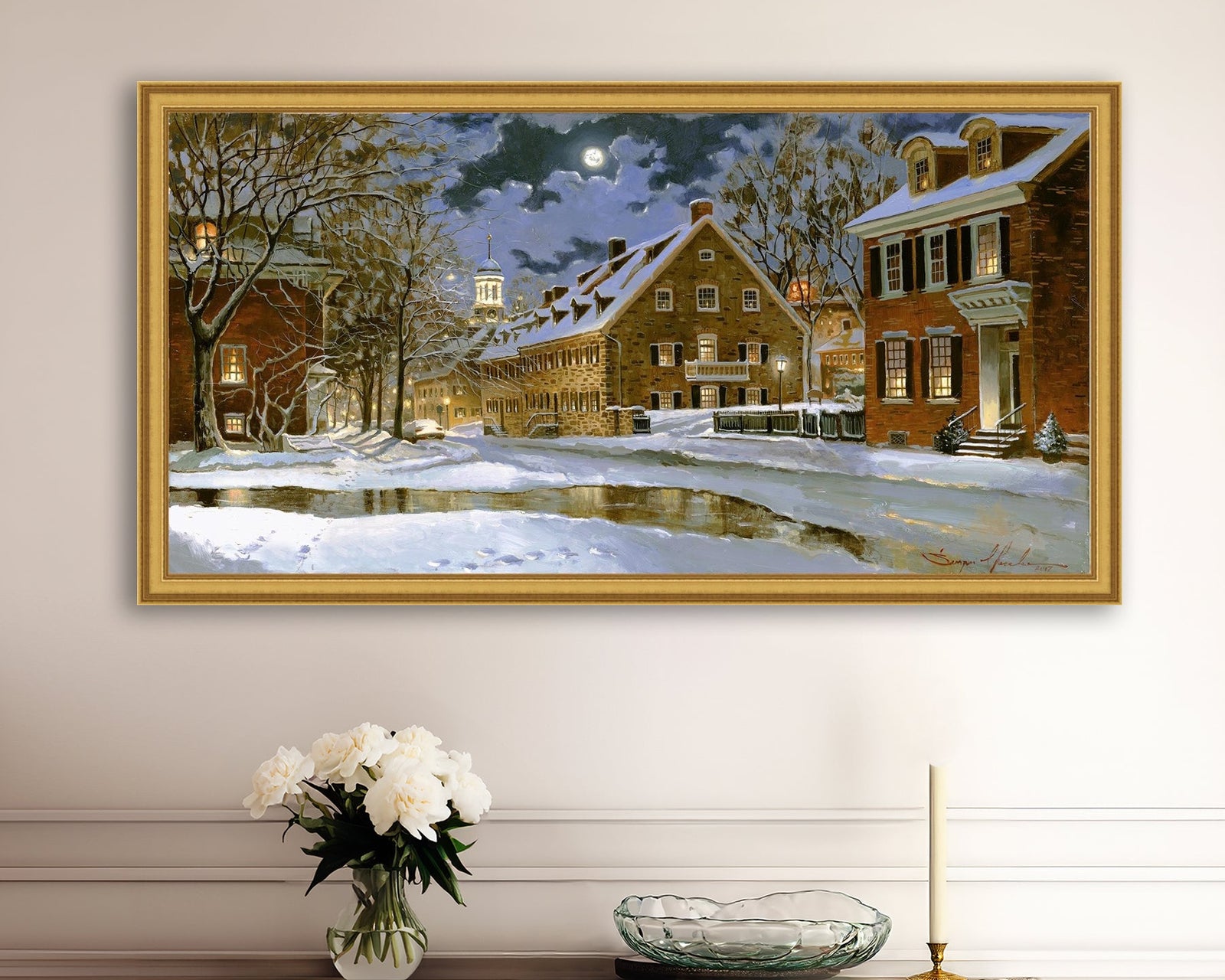 Snowy Bethlehem scene with Moravian Church at night.