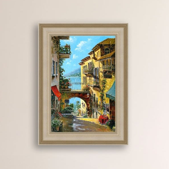 A vibrant canvas print depicting a narrow street with arches and balconies, Lake Como