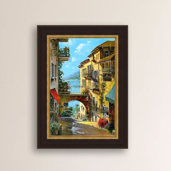 A vibrant canvas print depicting a narrow street with arches and balconies, Lake Como