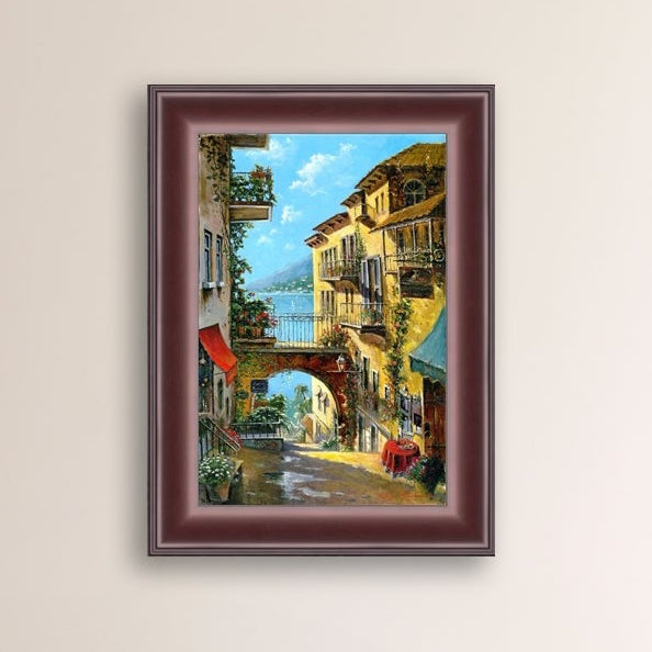 A vibrant canvas print depicting a narrow street with arches and balconies, Lake Como