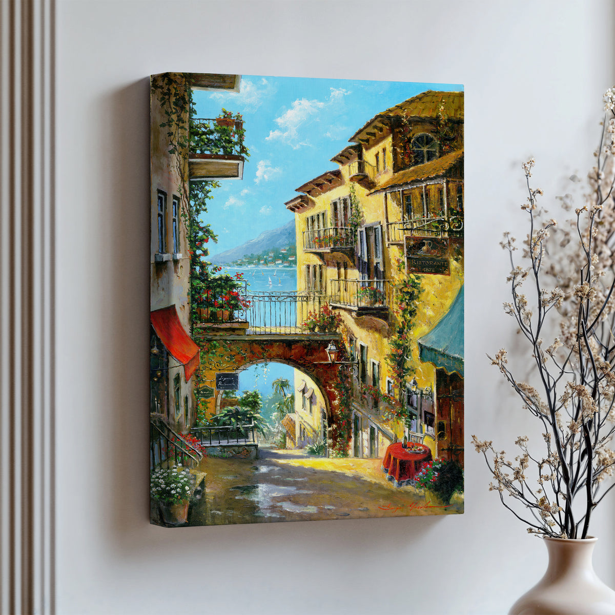 A vibrant canvas print depicting a narrow street with arches and balconies, Lake Como
