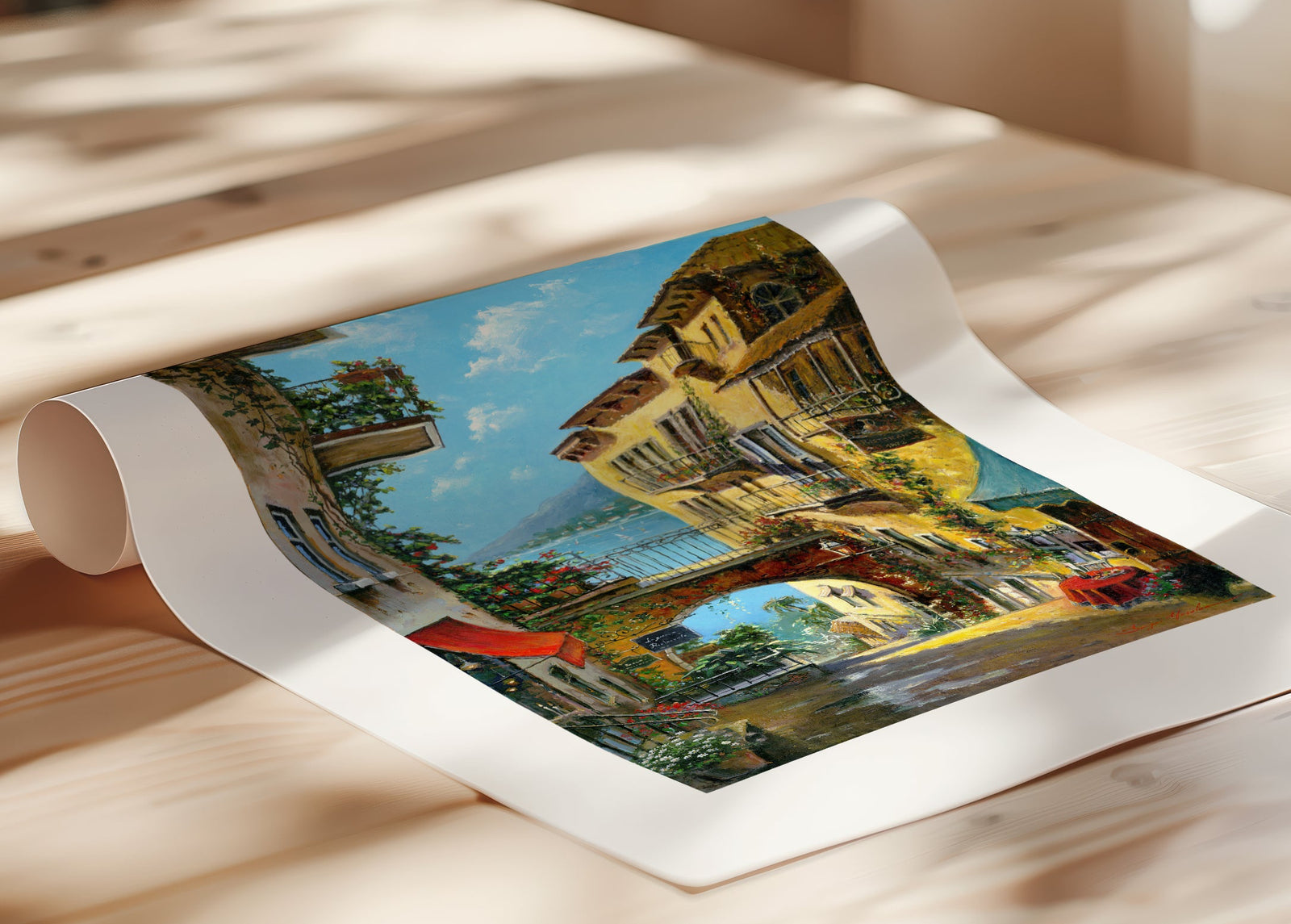 A vibrant canvas print depicting a narrow street with arches and balconies, Lake Como
