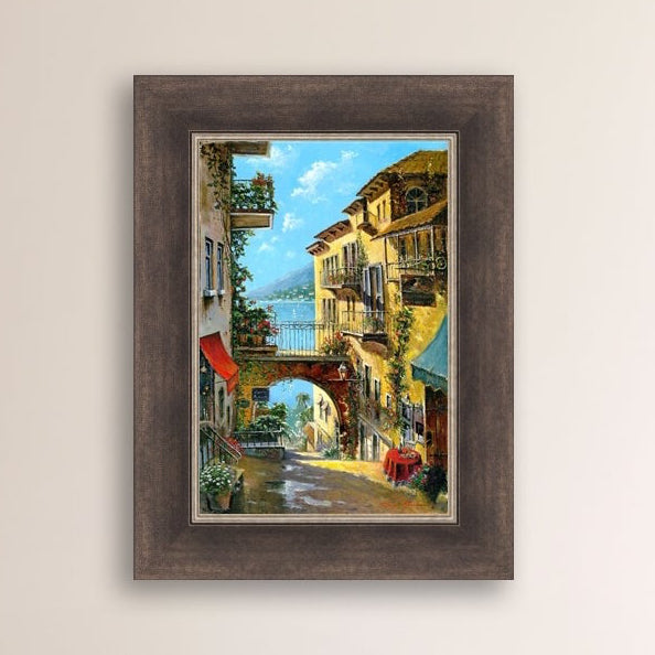A vibrant canvas print depicting a narrow street with arches and balconies, Lake Como