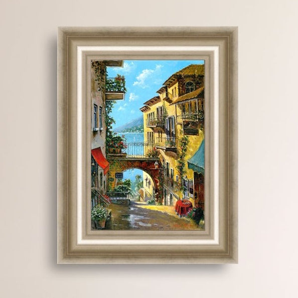 A vibrant canvas print depicting a narrow street with arches and balconies, Lake Como
