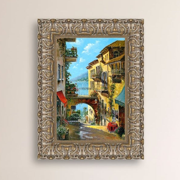 A vibrant canvas print depicting a narrow street with arches and balconies, Lake Como